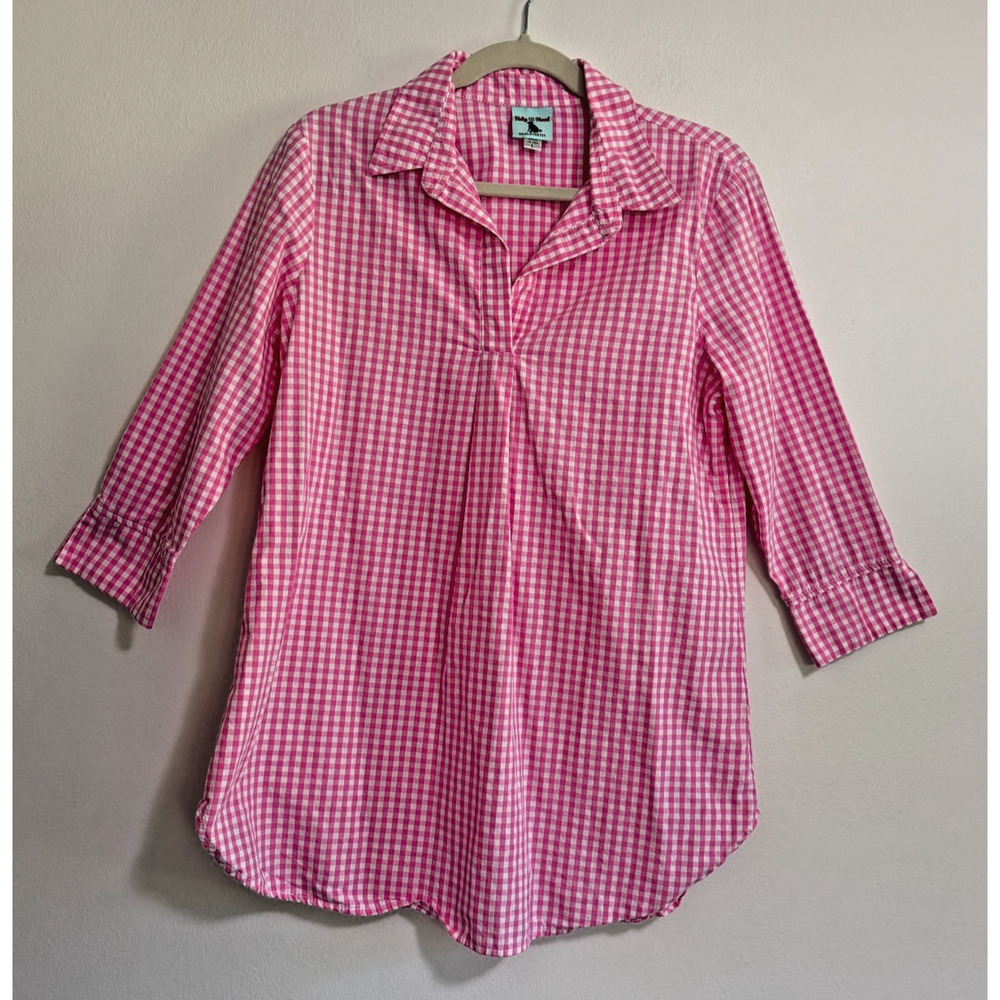 Haley And The Hound Tunic Check Pink Blouse Women's Size L 100% Cotton